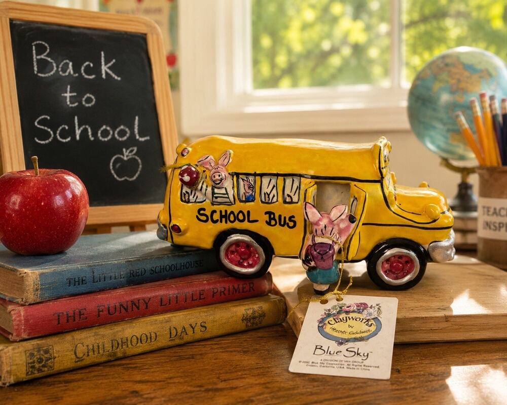 Blue Sky Clayworks Pig School Bus Heather Goldminc Figurine 2002 NWT Tag